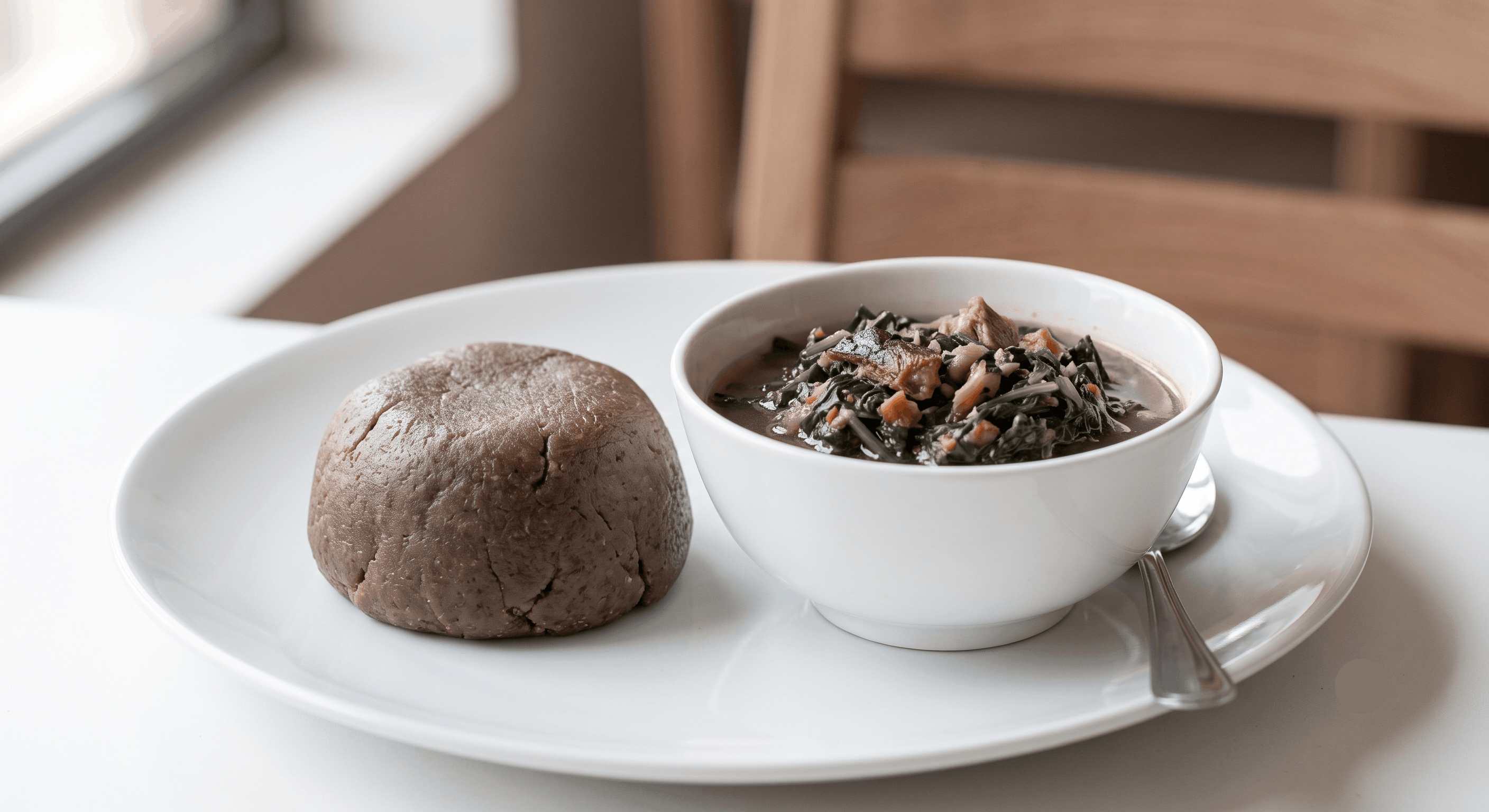 a neat fist-sized ball of Amala beside a rich, low-oil vegetable soup